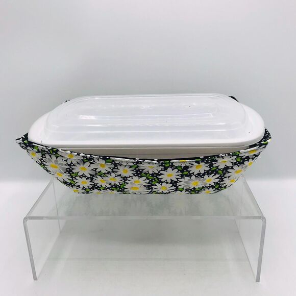NEW! Microwave Takeout Container Cozy! Reversible, Black Daisy and Dots - Picture 2 of 6